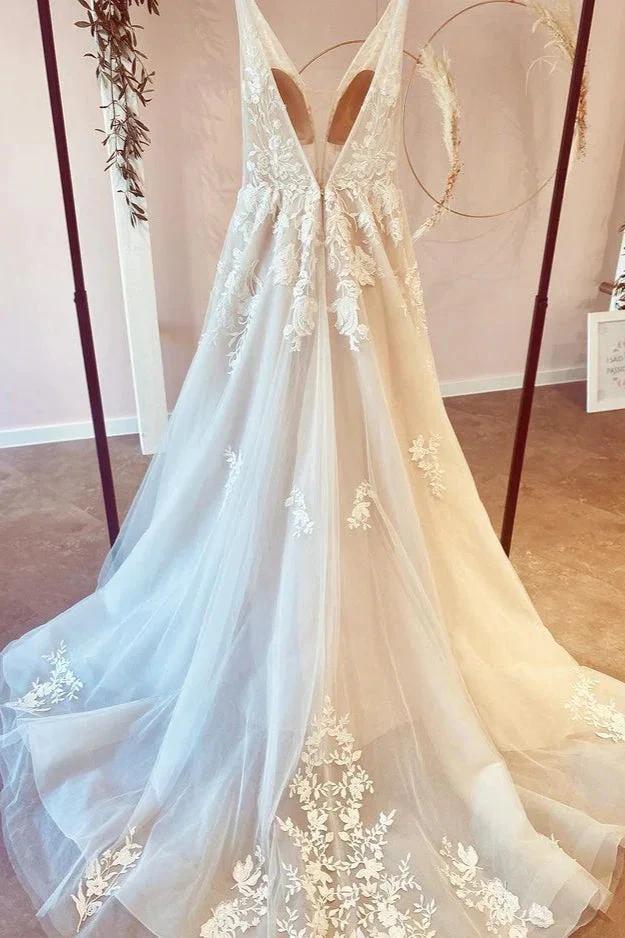 Stunning Long A-Line V-neck Tulle Floral Lace Wedding Dress by BIZTUNNEL