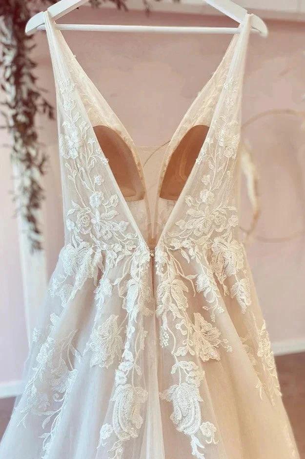 Stunning Long A-Line V-neck Tulle Floral Lace Wedding Dress by BIZTUNNEL