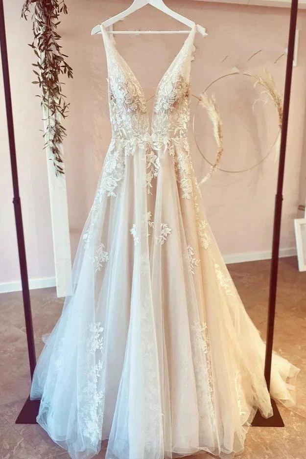 Stunning Long A-Line V-neck Tulle Floral Lace Wedding Dress by BIZTUNNEL