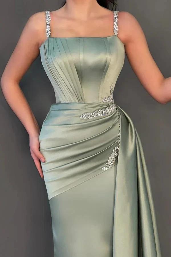 Stunning Long Mermaid Square Neck Satin Prom Dress with Side Sweep Train by BIZTUNNEL