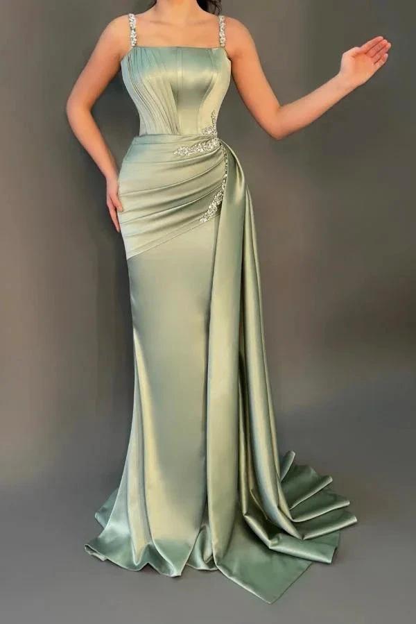 Stunning Long Mermaid Square Neck Satin Prom Dress with Side Sweep Train by BIZTUNNEL