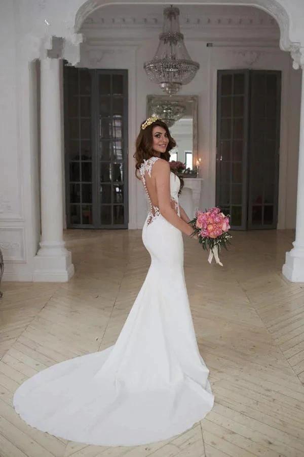 Stunning Mermaid Sleeveless Lace Wedding Dress Zipper Button WD041 by pgmdress