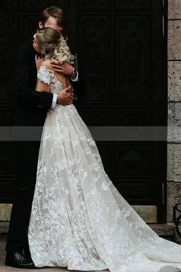 Stunning Off-the-ShoulderFloral Lace Bridal Gown Princess Wedding Dress by misshow.com