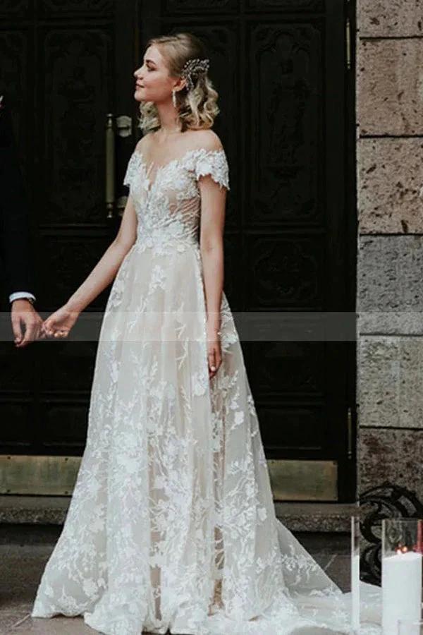 Stunning Off-the-ShoulderFloral Lace Bridal Gown Princess Wedding Dress by misshow.com