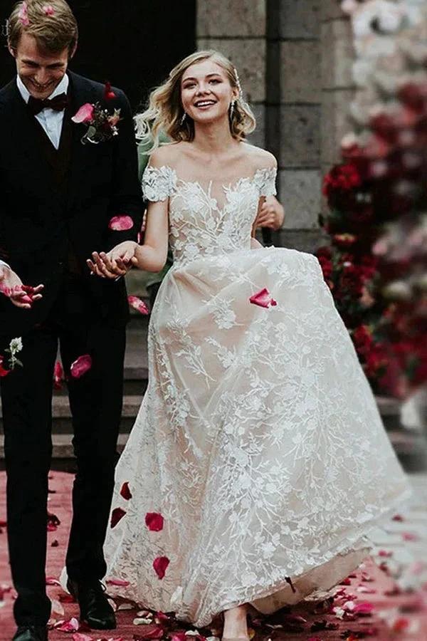 Stunning Off-the-ShoulderFloral Lace Bridal Gown Princess Wedding Dress by misshow.com