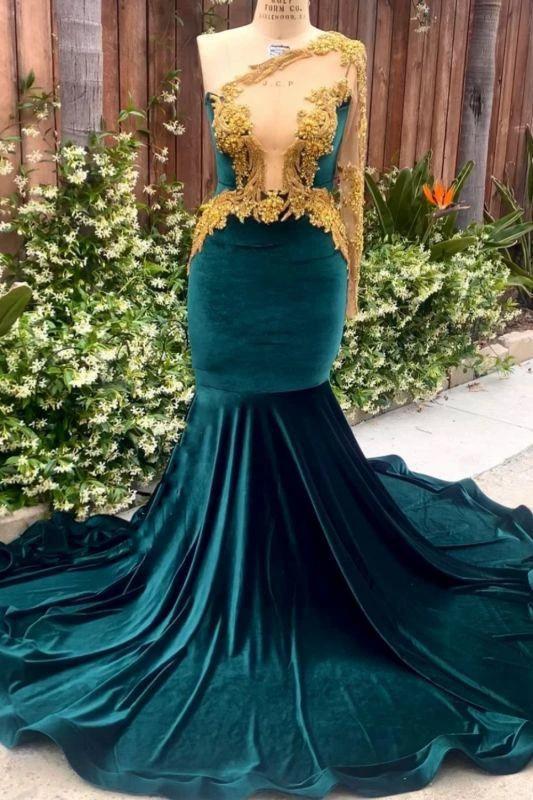 Stunning One Shoulder Dark Green Mermaid Prom Dress 3D Gold Embellishment Bodycon Party Dress by misshow.com