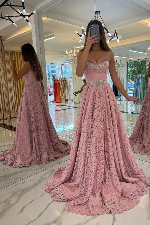 Stunning Pink Long A-line Sweetheart Beadings Lace Prom Dresses by BIZTUNNEL