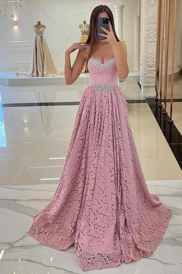 Stunning Pink Long A-line Sweetheart Beadings Lace Prom Dresses by BIZTUNNEL