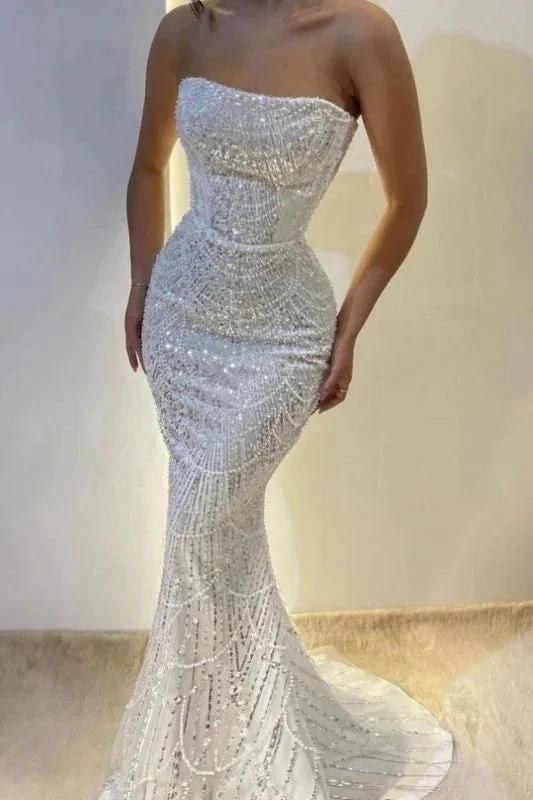 Stunning Strapless Sequins Mermaid Prom Dress Pearls Evening Dress with Beadings by misshow.com