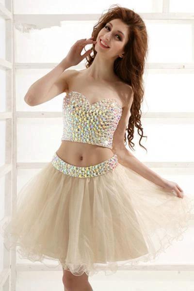 Stunning Two Piece Short Tulle Beaded Sweet Homecoming/Party Dress PD119 by pgmdress