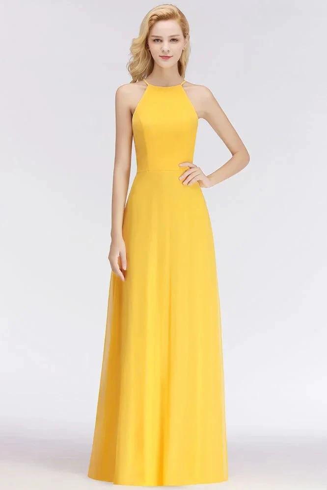 Stylish A-line Halter Sleeveless Floor Length Yellow Bridesmaid Dresses by misshow.com