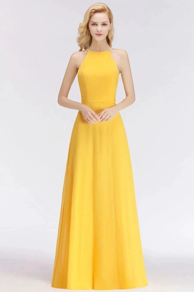 Stylish A-line Halter Sleeveless Floor Length Yellow Bridesmaid Dresses by misshow.com