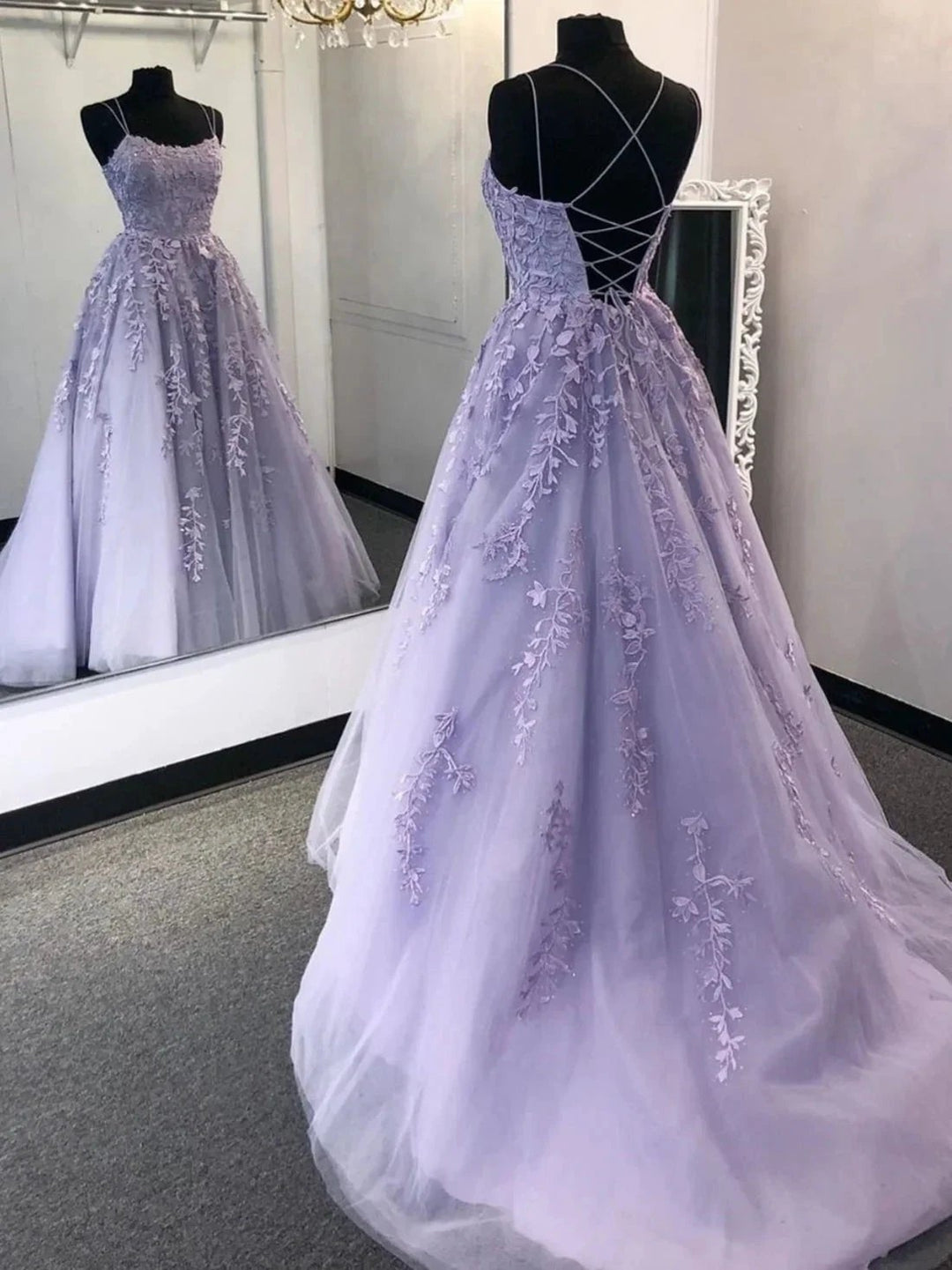 Stylish A-line Spaghetti Straps Backless Tulle Lace Long Formal Prom Dresses by BIZTUNNEL