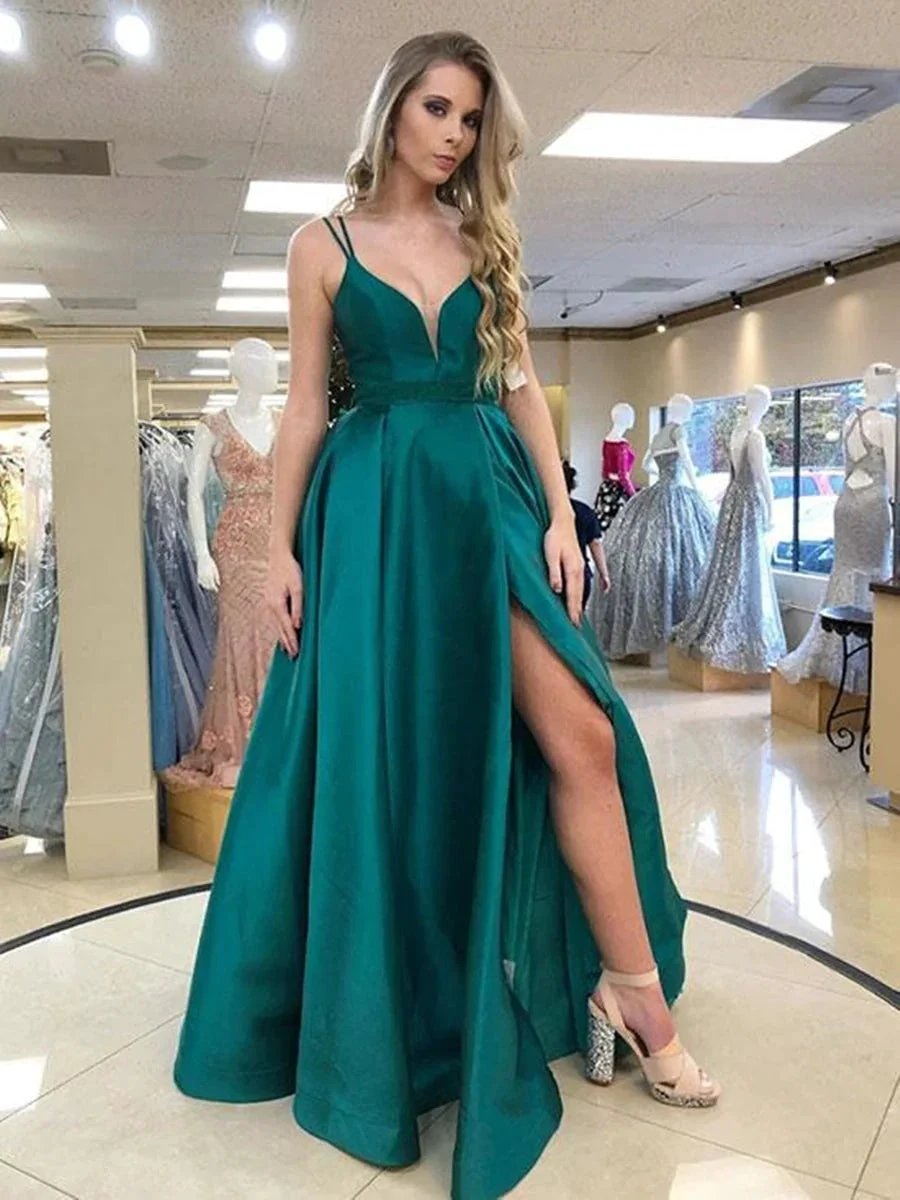 Stylish A-line V Neck Satin Long Prom Dresses with High Slit by BIZTUNNEL