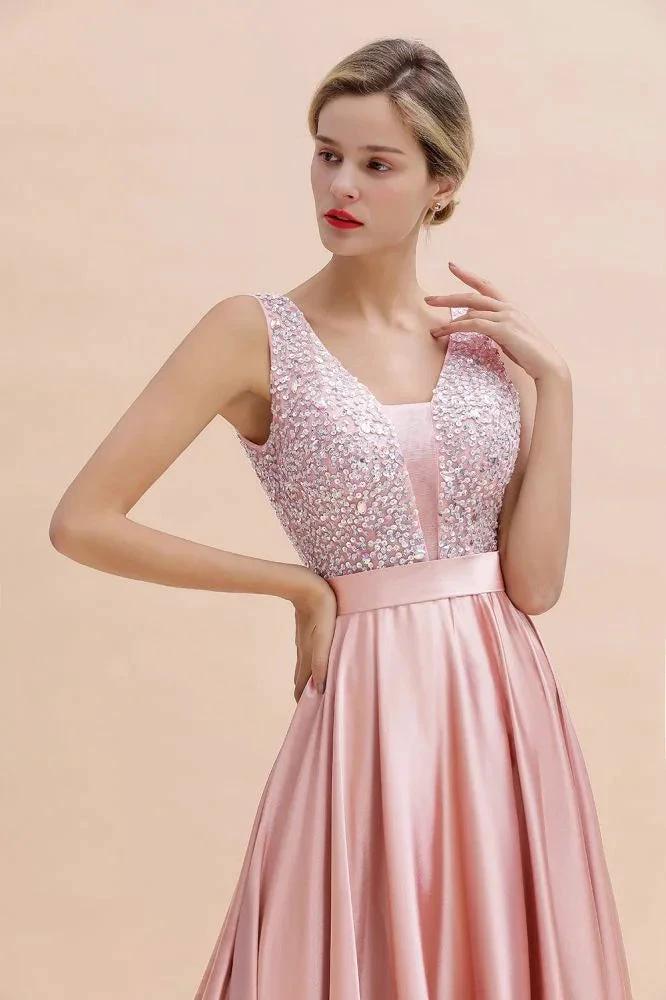 Stylish Backless Satin Floor Length Evening Dress V-Neck Party Dress by misshow.com