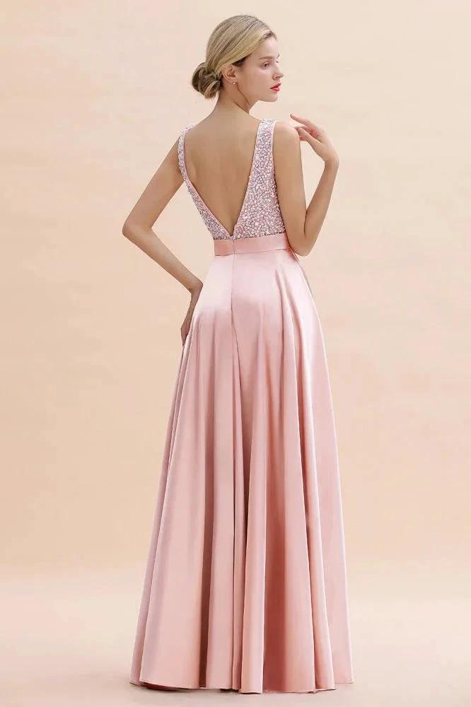 Stylish Backless Satin Floor Length Evening Dress V-Neck Party Dress by misshow.com