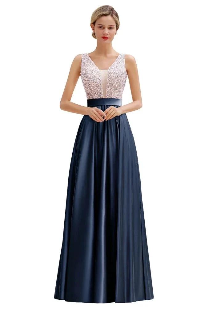 Stylish Backless Satin Floor Length Evening Dress V-Neck Party Dress by misshow.com