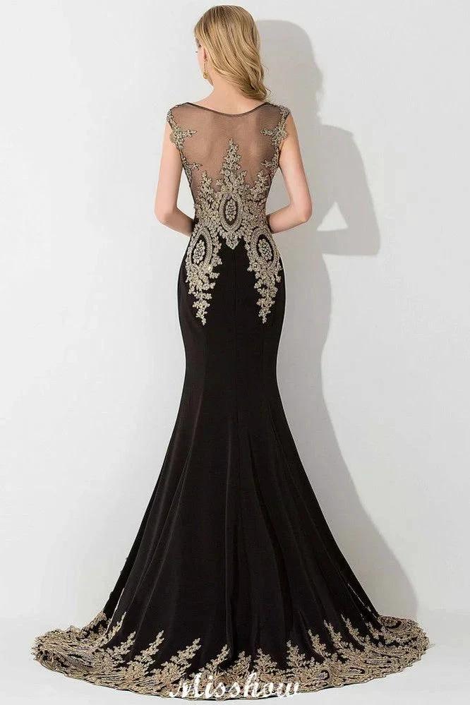 Stylish Cap Sleeve Gold Appliques Mermaid Evening Maxi Gown Sleveless Party Dress by misshow.com