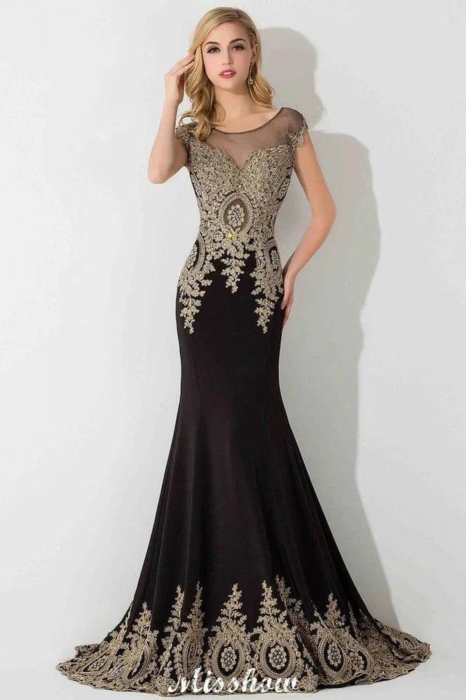 Stylish Cap Sleeve Gold Appliques Mermaid Evening Maxi Gown Sleveless Party Dress by misshow.com