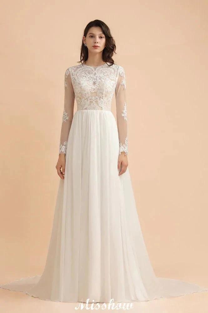 Stylish Crew Neck Lace Appliques Wedding Dress Long Sleeve Chiffon Simple Bridal Gown by misshow.com
