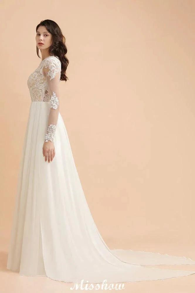 Stylish Crew Neck Lace Appliques Wedding Dress Long Sleeve Chiffon Simple Bridal Gown by misshow.com