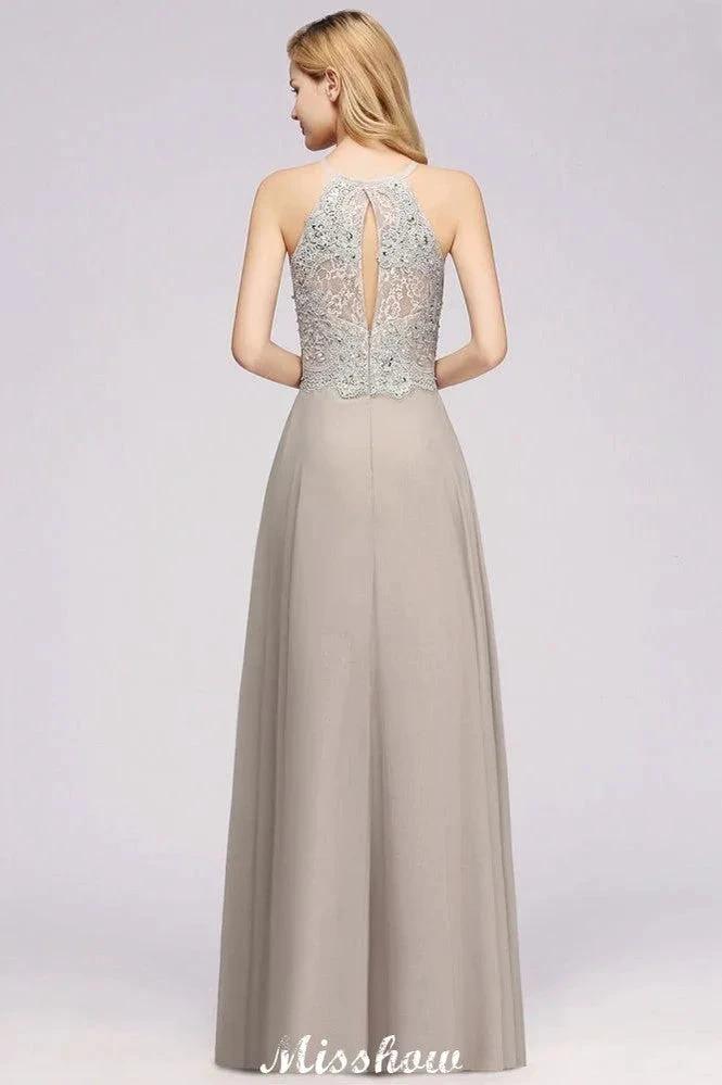 Vestido de Noiva de Acompanhante Longo em Chiffon Prata Linha A Sem Mangas com Aplicações Florais Elegantes para Festa