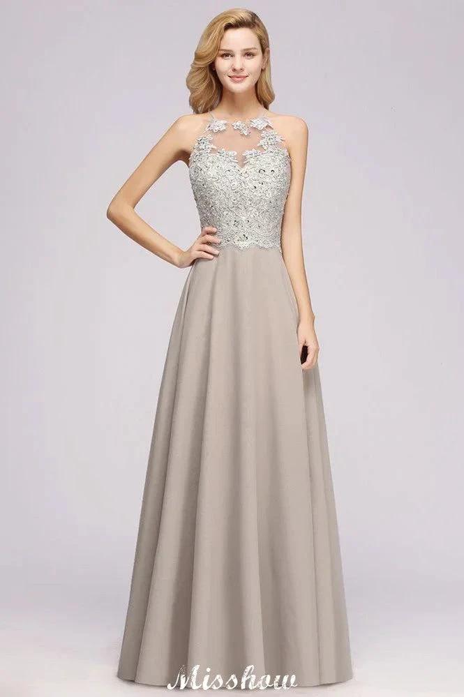Vestido de Noiva de Acompanhante Longo em Chiffon Prata Linha A Sem Mangas com Aplicações Florais Elegantes para Festa