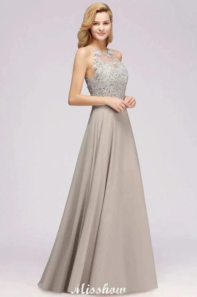 Vestido de Noiva de Acompanhante Longo em Chiffon Prata Linha A Sem Mangas com Aplicações Florais Elegantes para Festa