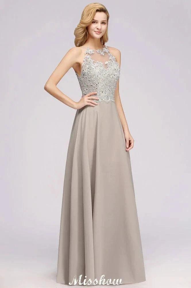 Vestido de Noiva de Acompanhante Longo em Chiffon Prata Linha A Sem Mangas com Aplicações Florais Elegantes para Festa