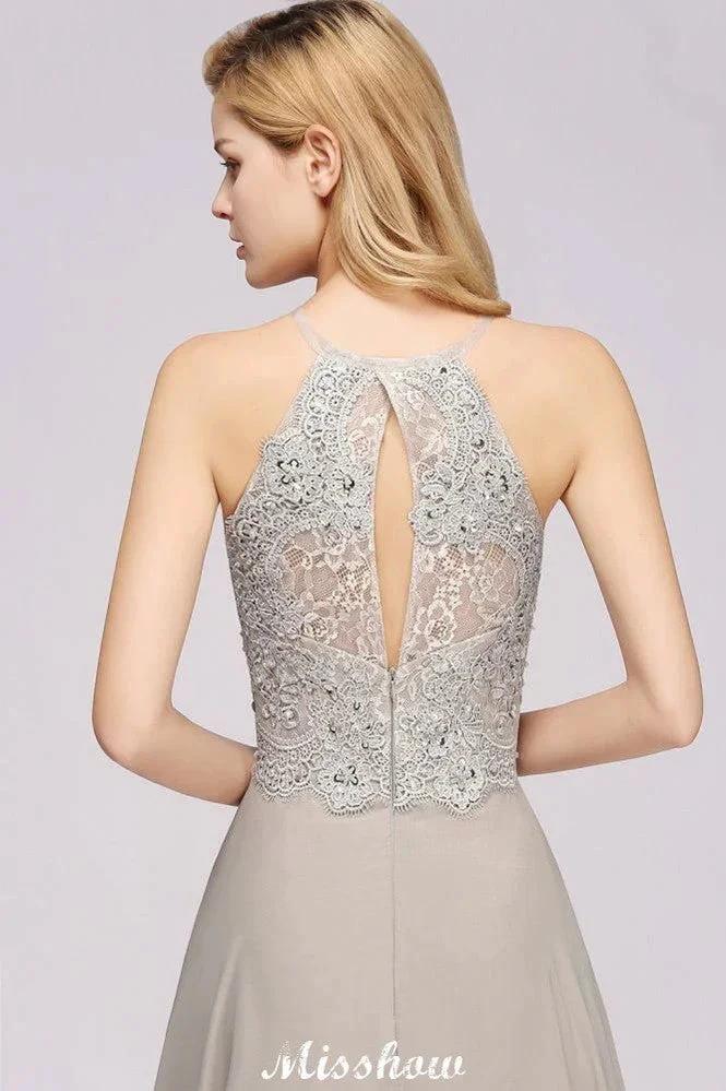 Vestido de Noiva de Acompanhante Longo em Chiffon Prata Linha A Sem Mangas com Aplicações Florais Elegantes para Festa