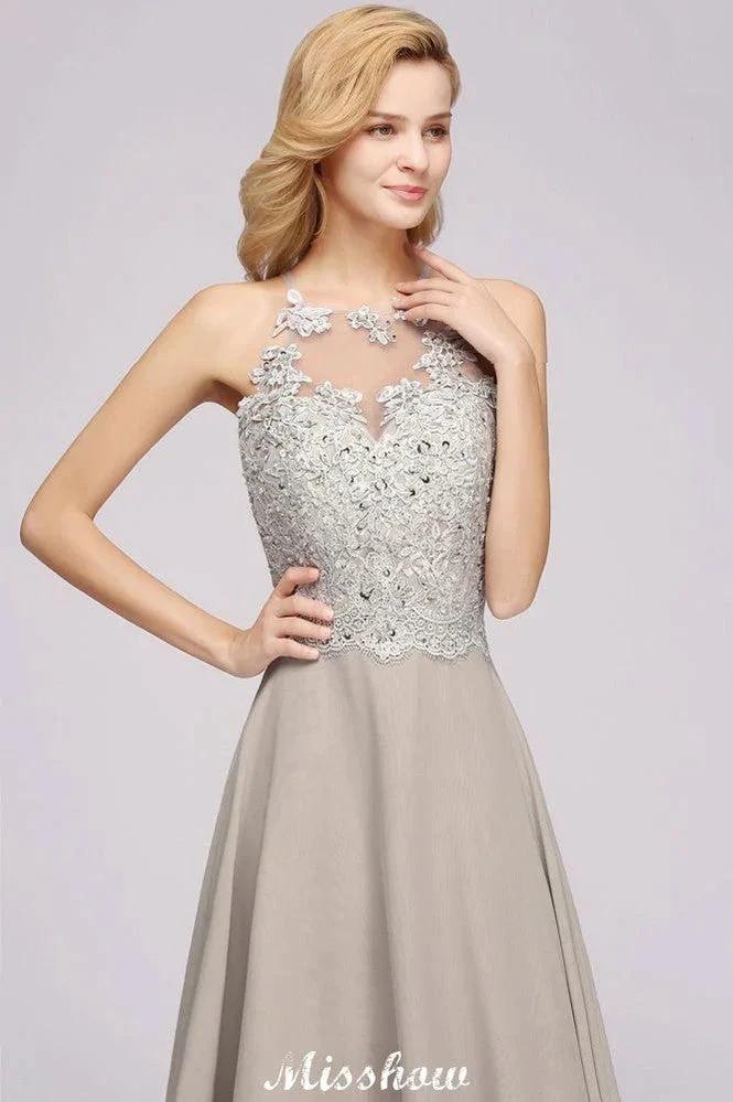 Vestido de Noiva de Acompanhante Longo em Chiffon Prata Linha A Sem Mangas com Aplicações Florais Elegantes para Festa