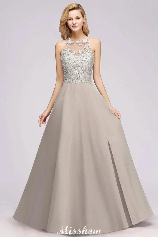 Vestido de Noiva de Acompanhante Longo em Chiffon Prata Linha A Sem Mangas com Aplicações Florais Elegantes para Festa