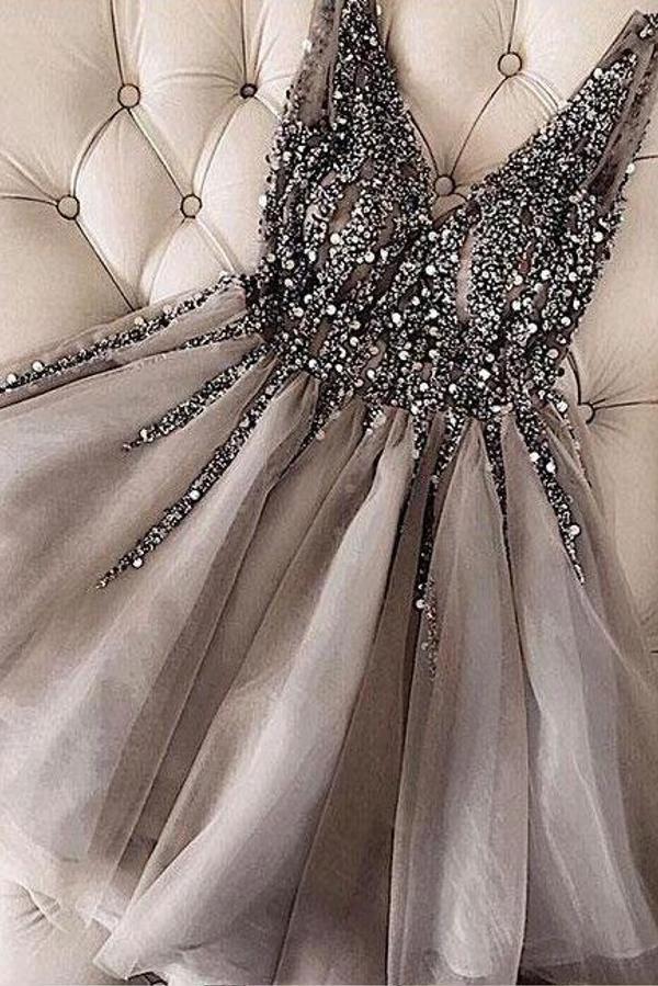 Stylish Sleeveless Sequins Beaded Short Homecoming Dress Silver Tulle Cocktail Dress by misshow.com