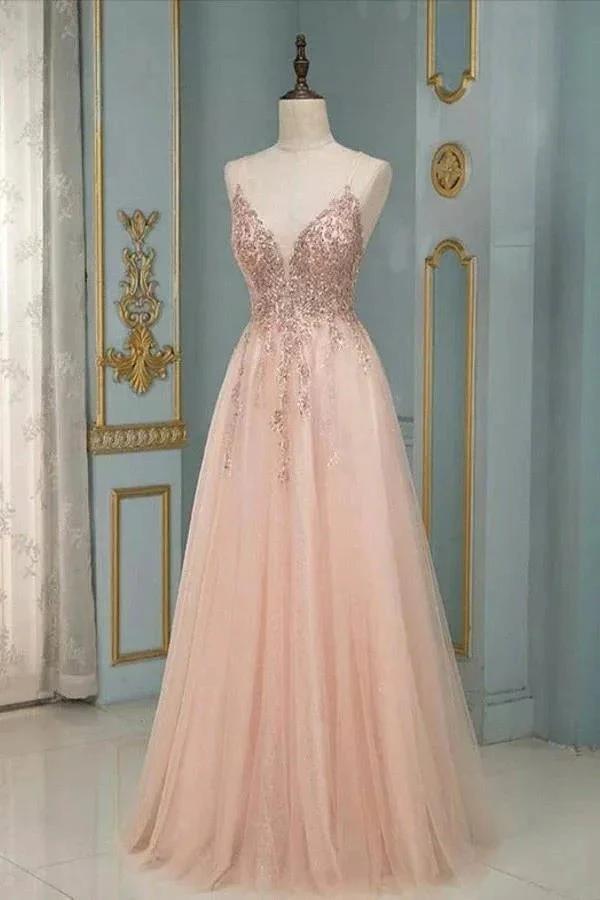 Stylish Spaghetti Straps V-Neck Floral Lace Evening Maxi Dress Tulle Sleeveless Prom Swing Dress by misshow.com