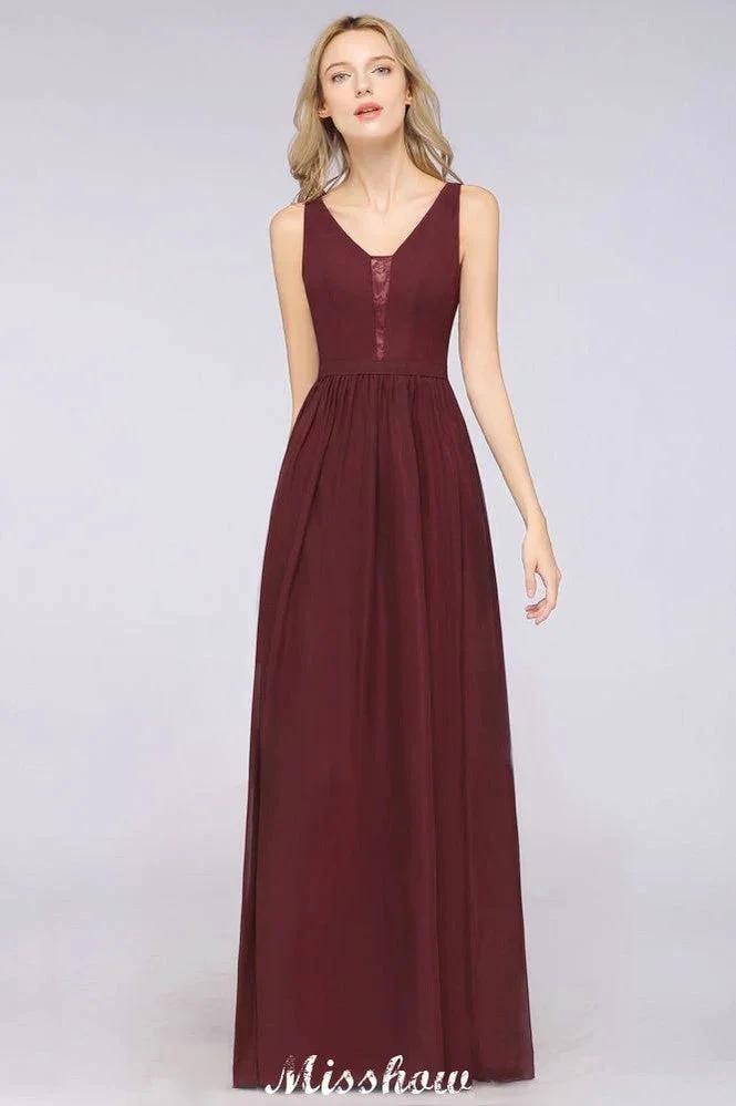 Stylish V-Neck aline Evening Maxi Gown Chiffon Sleeveless Bridesmaid Dress Burgundy by misshow.com
