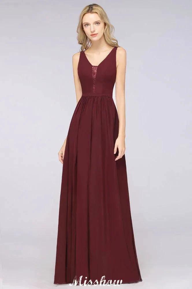 Stylish V-Neck aline Evening Maxi Gown Chiffon Sleeveless Bridesmaid Dress Burgundy by misshow.com