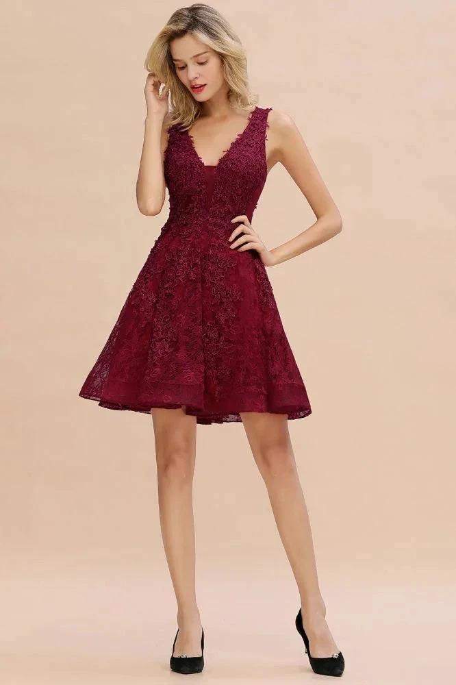 Stylish V-Neck Floral Appliques Homecoming Dress Knee-Length Sleeveless Party Dress by misshow.com