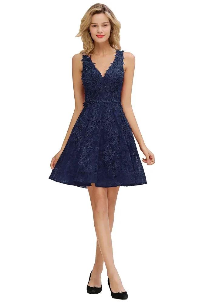 Stylish V-Neck Floral Appliques Homecoming Dress Knee-Length Sleeveless Party Dress by misshow.com