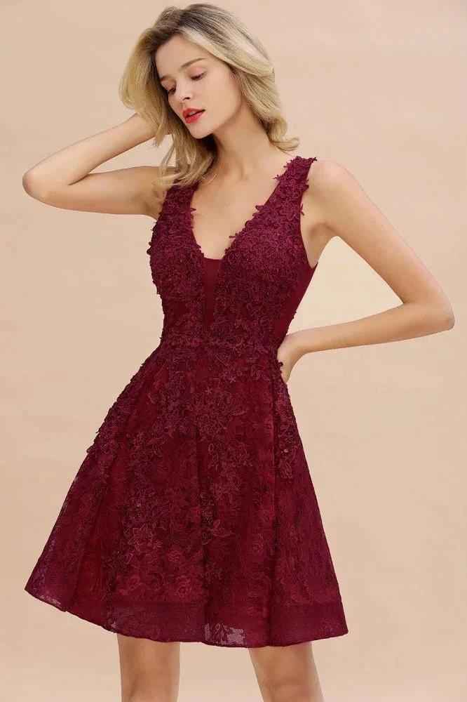 Stylish V-Neck Floral Appliques Homecoming Dress Knee-Length Sleeveless Party Dress by misshow.com