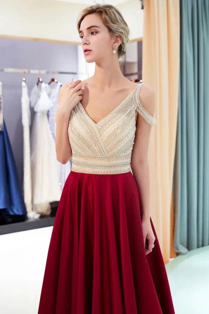 Stylish V-neck Sleeveless Burgundy Crystal Beading A-line Evening Dress by misshow.com