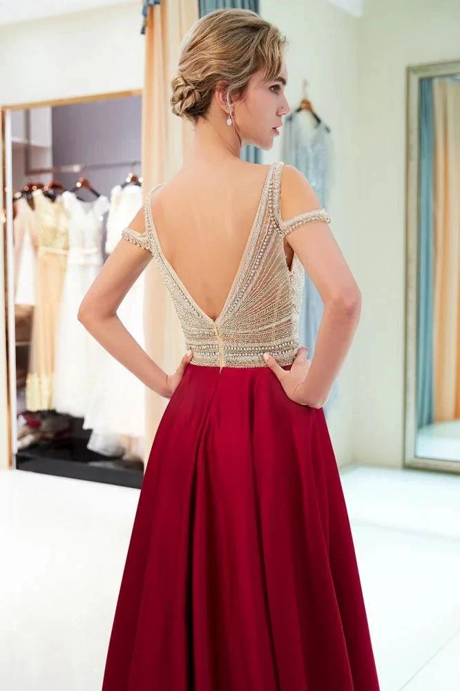 Stylish V-neck Sleeveless Burgundy Crystal Beading A-line Evening Dress by misshow.com