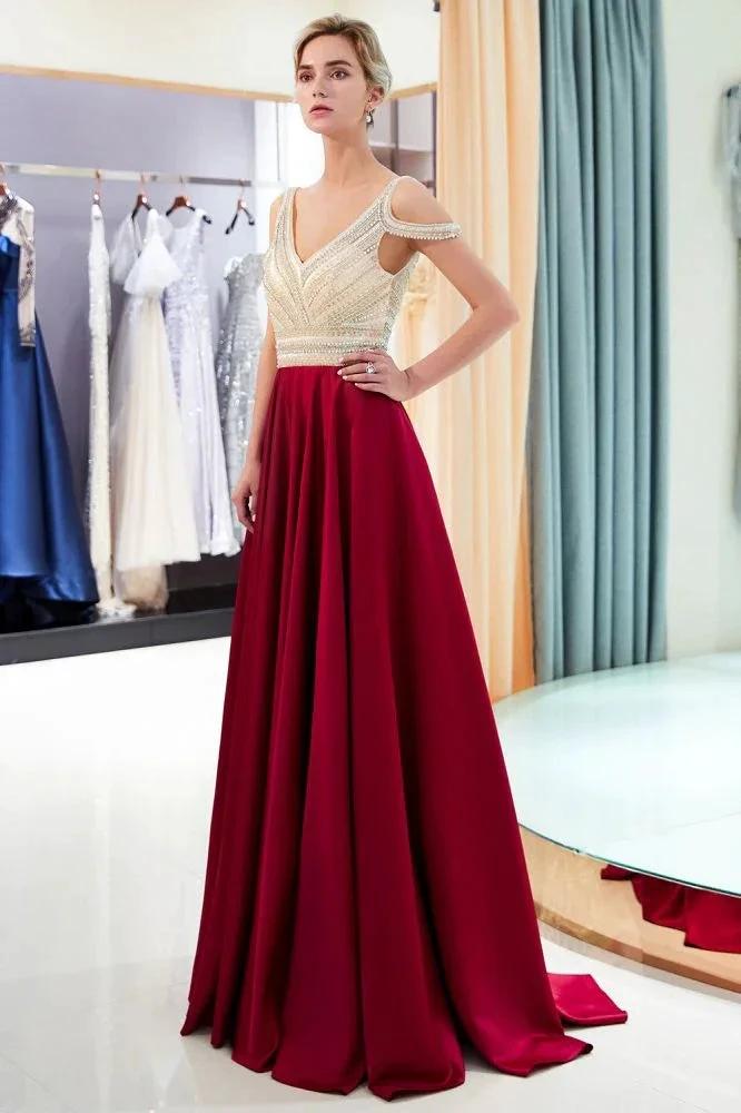 Stylish V-neck Sleeveless Burgundy Crystal Beading A-line Evening Dress by misshow.com