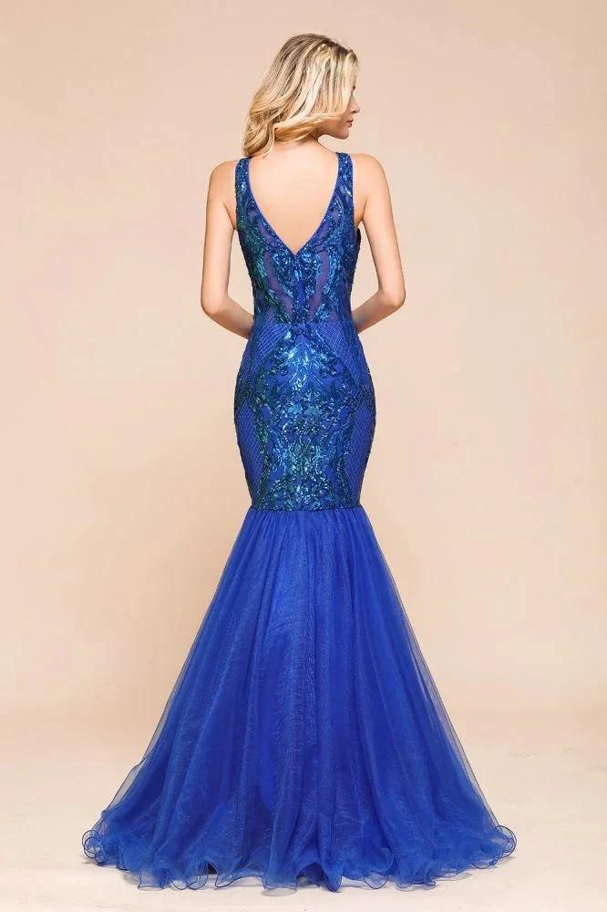 Stylish V-Neck Sparkly Sequined Mermaid Prom Dress Sleeveless Floor Length Ruffy Evening Gown by misshow.com