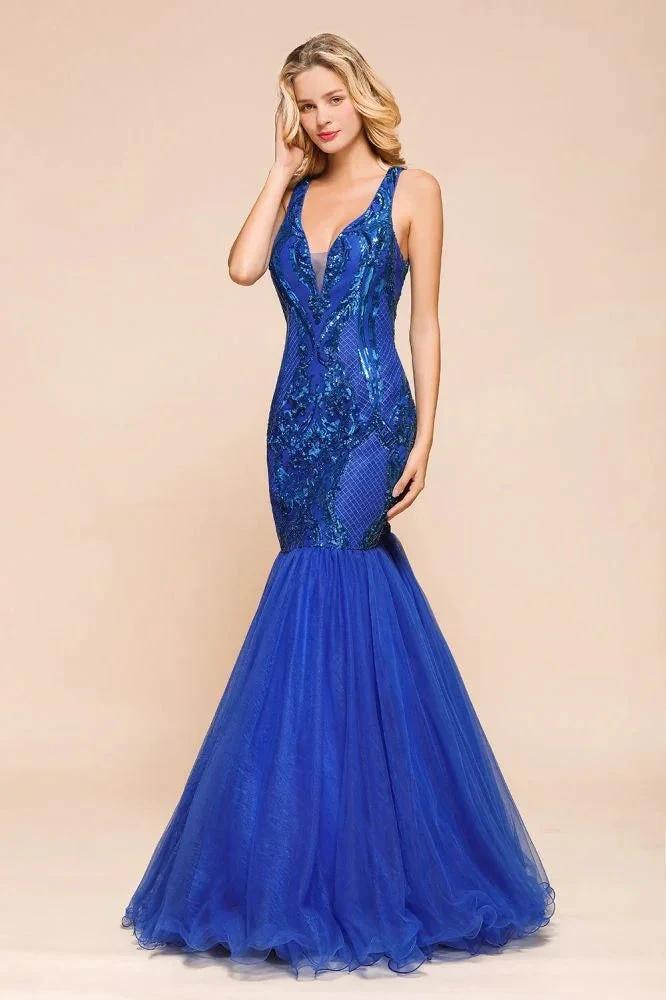 Stylish V-Neck Sparkly Sequined Mermaid Prom Dress Sleeveless Floor Length Ruffy Evening Gown by misshow.com