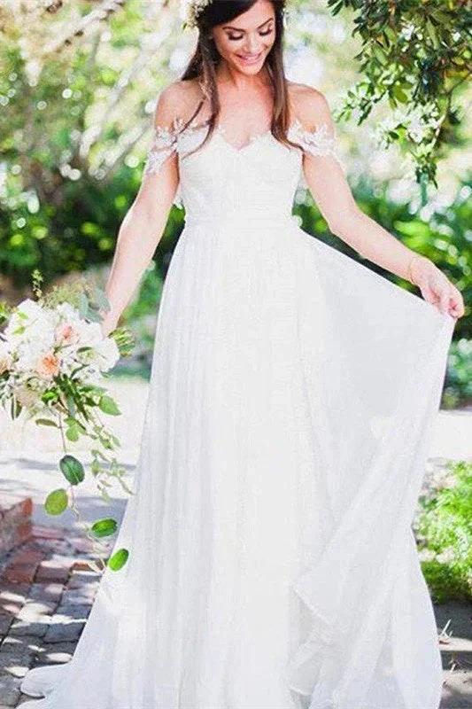 Sweep Train Chiffon Sleeveless Applique Lace Off-the-Shoulder Wedding Dress by misshow.com