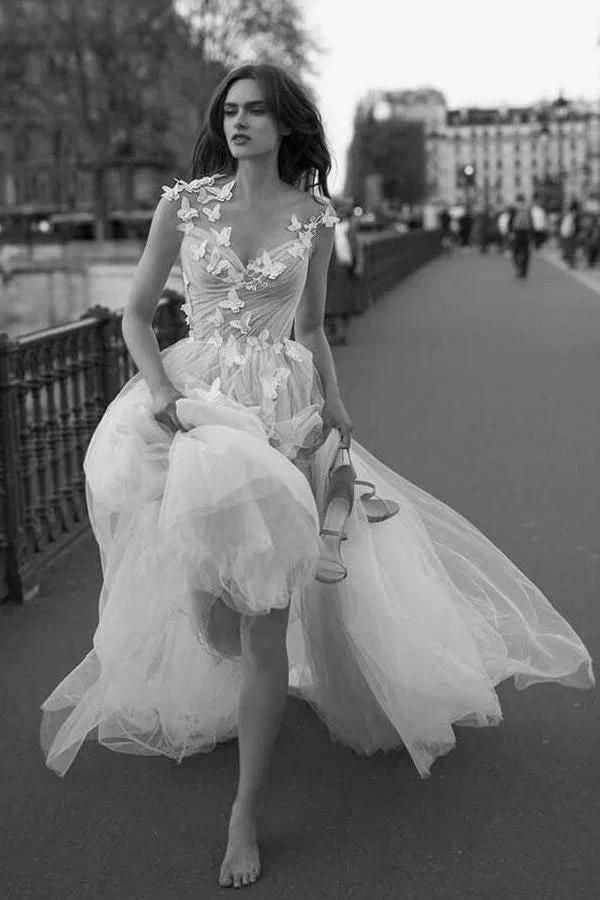 Sweet A-line V Neck Open Back Tulle Ivory Wedding Dresses with Appliques WD477 by pgmdress