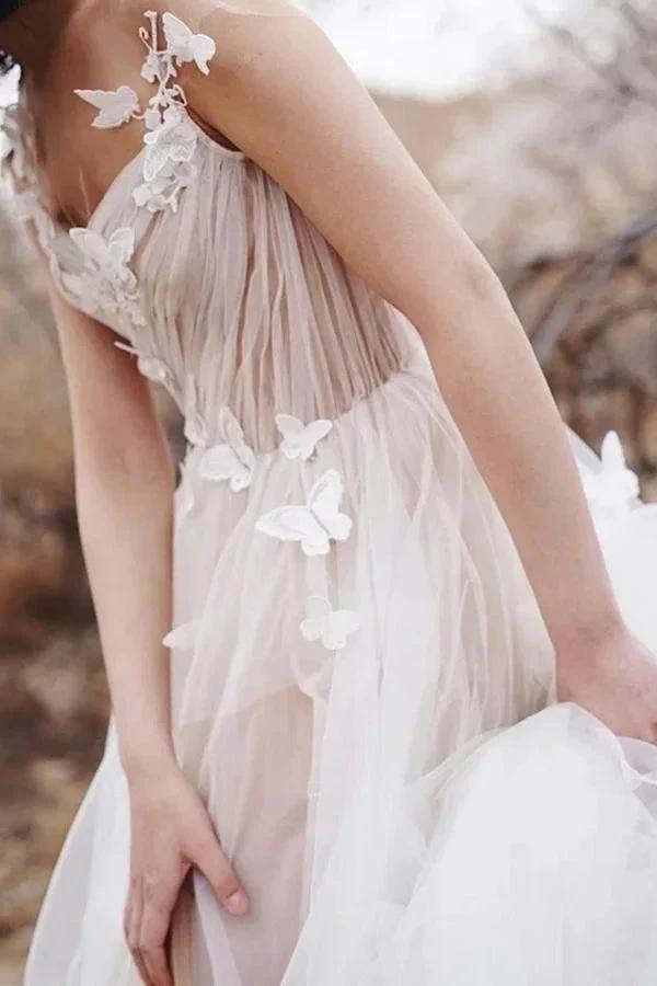 Sweet A-line V Neck Open Back Tulle Ivory Wedding Dresses with Appliques WD477 by pgmdress