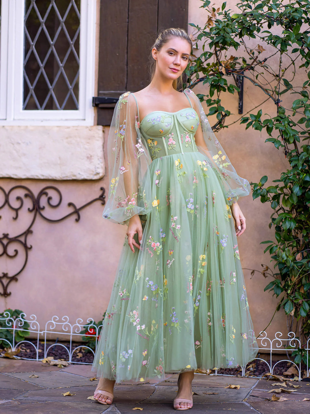 Sweetheart Embroidery Tea-Length Tulle Puff Sleeves Floral Corset Prom Dress by KissProm