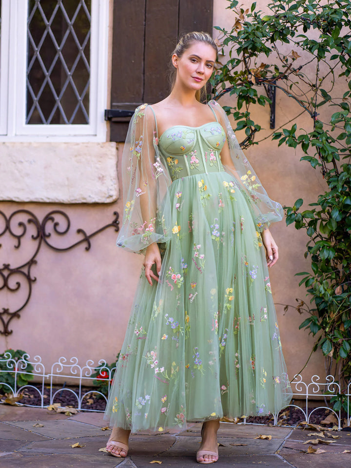 Sweetheart Embroidery Tea-Length Tulle Puff Sleeves Floral Corset Prom Dress by KissProm