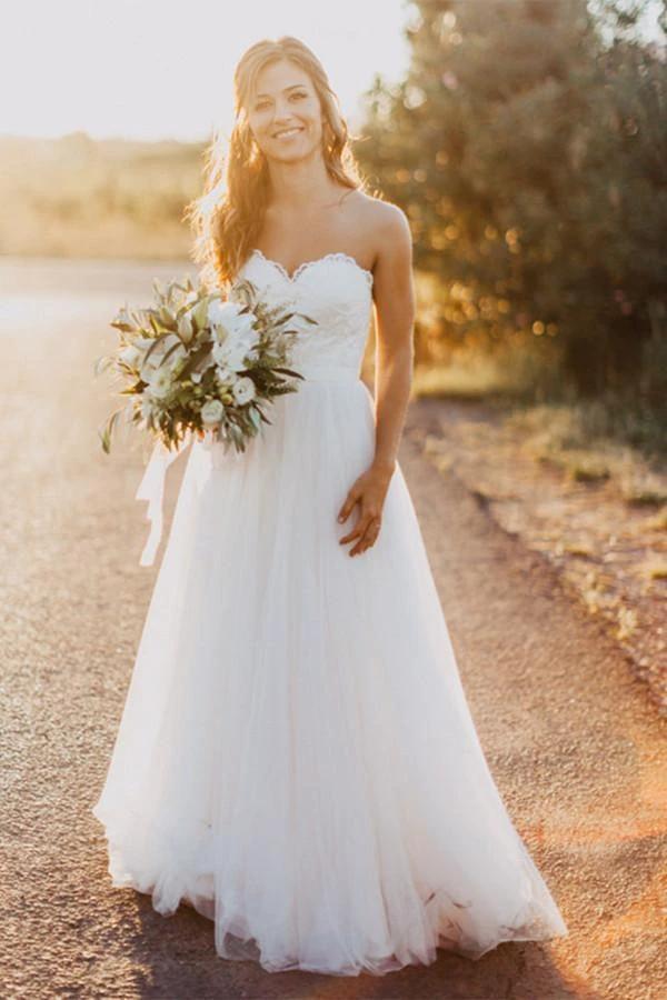 Sweetheart Floor-Length Ivory Wedding Dress with Lace WD059 by pgmdress